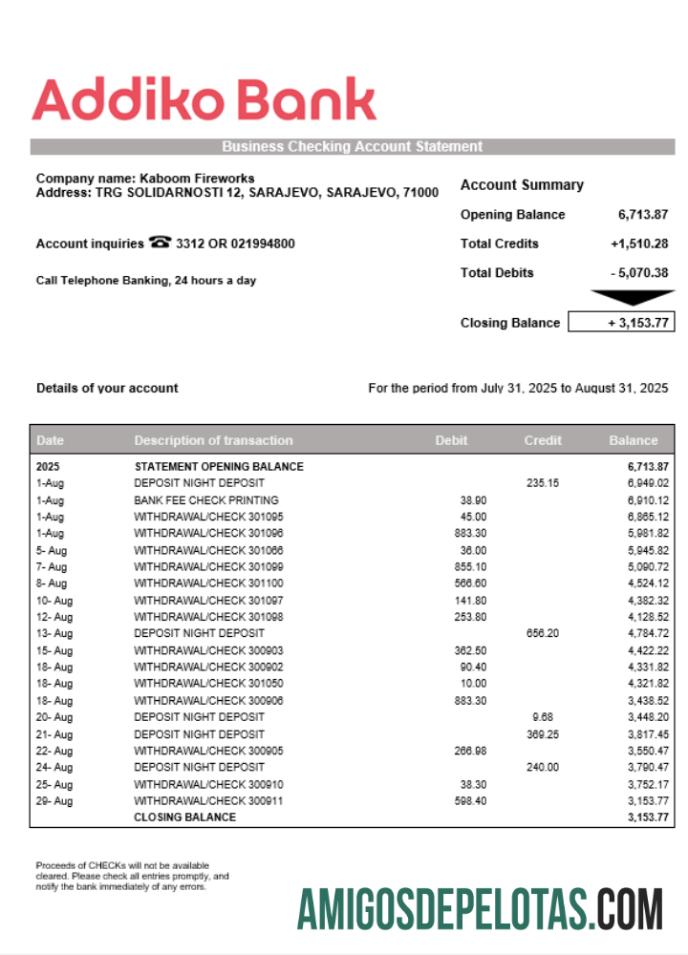 Baixável Bosnian Addiko Enterprise modelo de extrato de conta Word e PDF